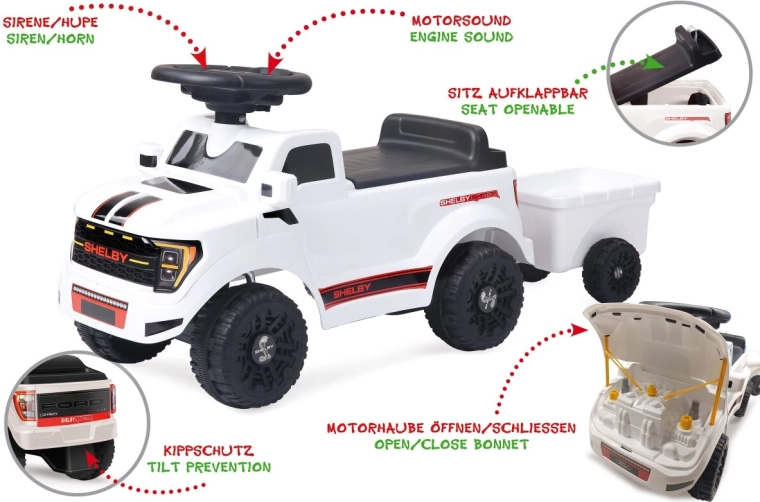 JAMARA Shelby Ford F-150 Raptor-gåbil til børn med hvid trailer