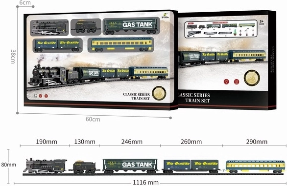 Sæt jernbane med damplokomotiv og vogne
