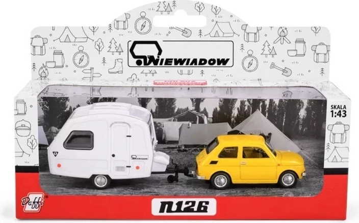 Fiat 126p med gul campingvognstrailer Niewiadów (1:43)