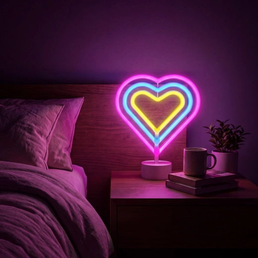 Farverig neon-LED-lampe i hjerteform
