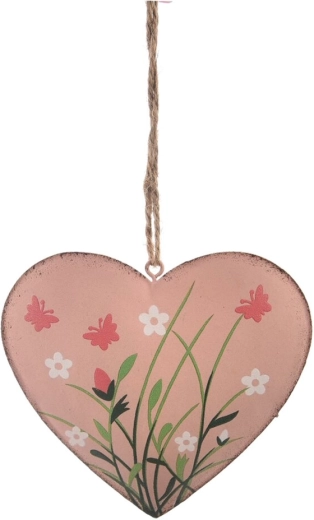 Hængende metaldekoration – hjerte med blomster­motiv, rosa
