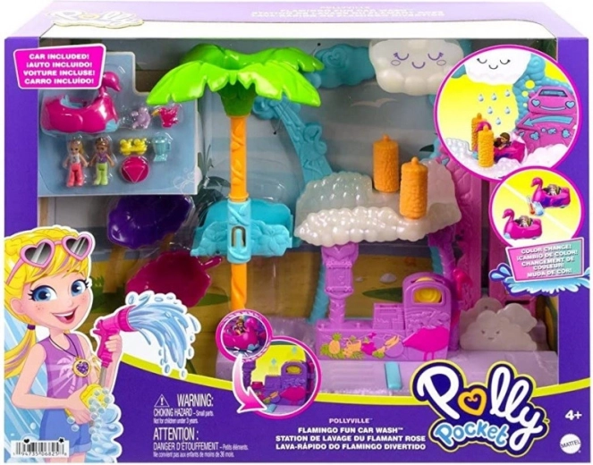 Polly Pocket Flamingo-vaskehal – legesæt med farveskiftende bil