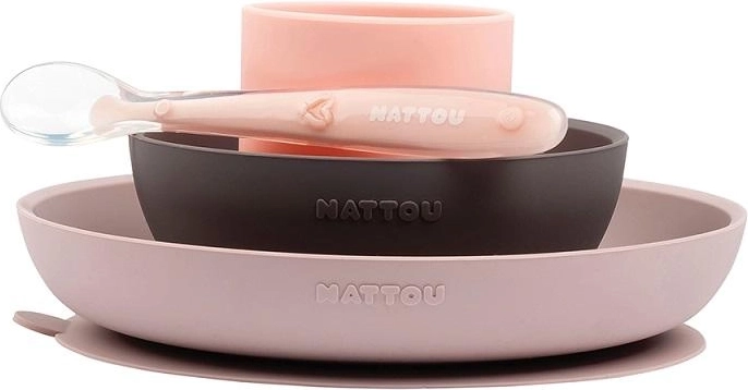Nattou silikone spisesæt 4 dele rosa-lilla (BPA-fri)