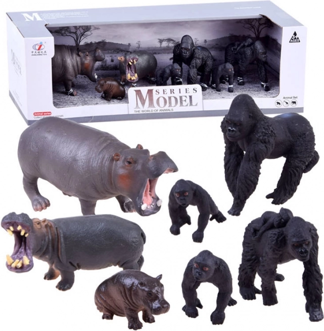 Sæt med safarifigurer af zebraer og løver – Gorillaer og flodheste