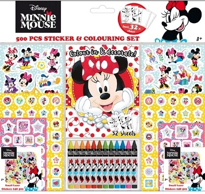 Klistermærkesæt med malebog og farvekridt Minnie – 500 stk.