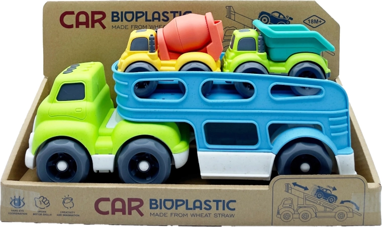 Bioplast-transporttruck med 2 små biler (betonblander og tipvogn) 37 cm