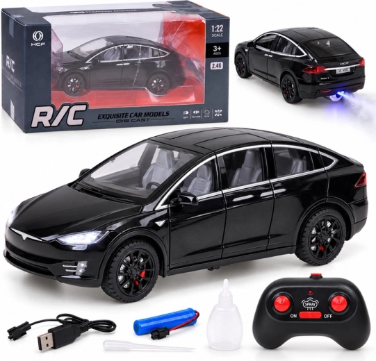 RC-bil Tesla Model X i skala 1:22 med LED-belysning og røgeffekt