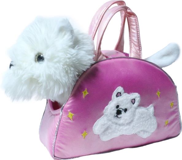 Plysset hundehvalp i satinshåndtaske, 27 cm