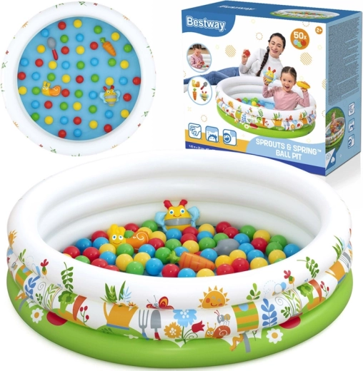 Bestway oppustelig børnepool og tørboldbassin Sprouts & Spring 102 × 25 cm, 50 bolde og legetøj