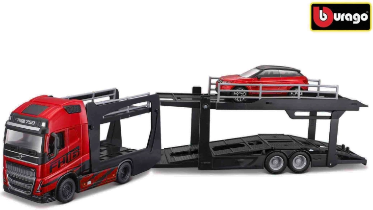 Bburago Street Fire lastbil med sættevogn Volvo FH16 og Land Rover LRX Concept 1:43