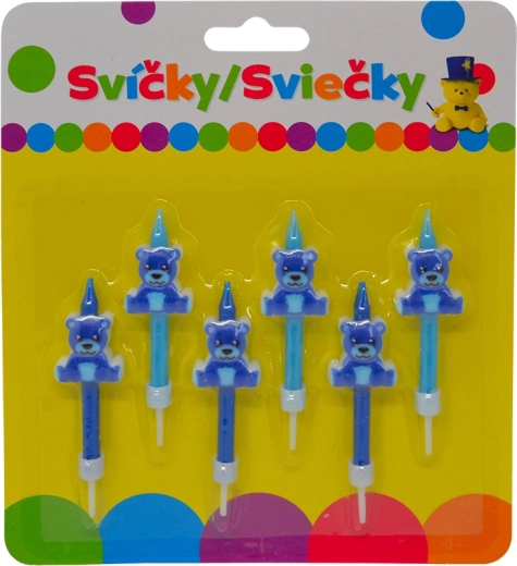 Fødselsdagslys med blå bjørn og holder, 6 stk.