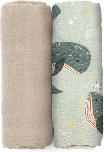 Petite&Mars bambus-muslin svøb Misty whale song 120 × 120 cm (2 stk.)