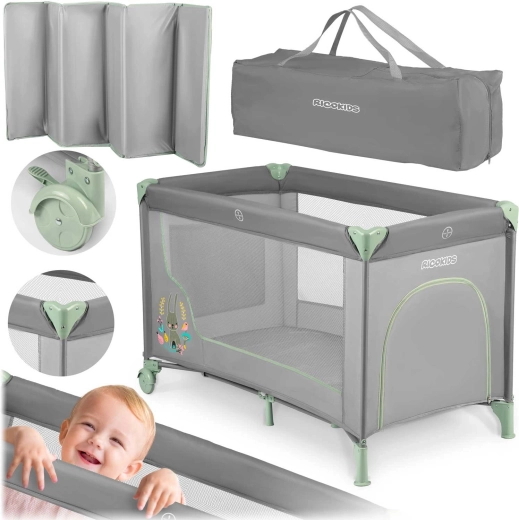 Rejseseng til børn Kikkids grå-mint 125 × 65 × 78 cm med madras og taske