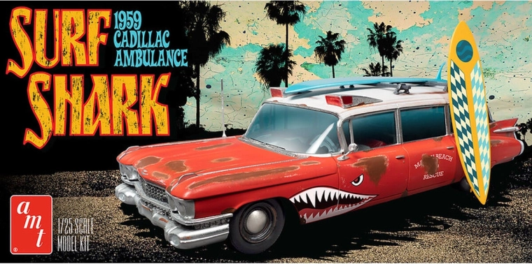 Plastikmodel af bil 1:25 Surf Shark 1959 Cadillac ambulance