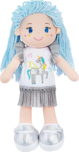 Stofdukke med blå hår og enhjørning