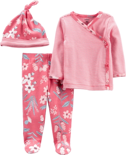 Carter’s pigesæt Pink Flower – slå-om bluse med lange ærmer, buksedragt og hue