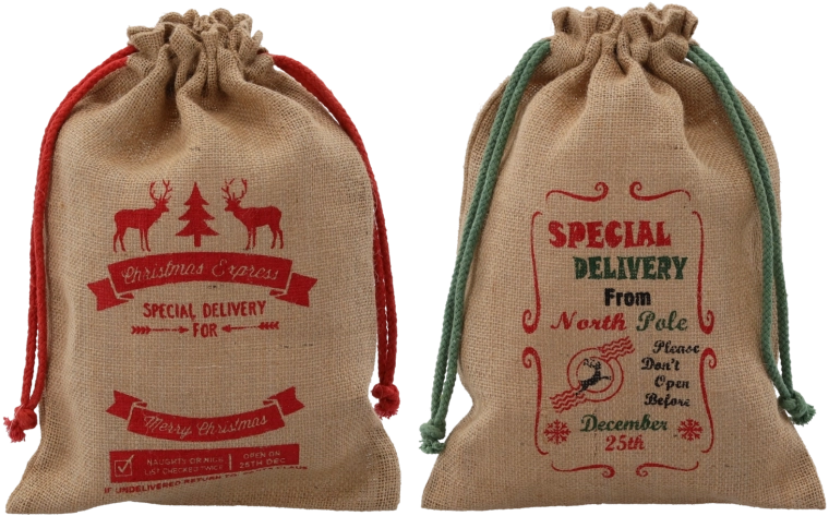 Jutesække gavepose 28 × 40 cm, mix af mønstre, pakke med 10 stk.