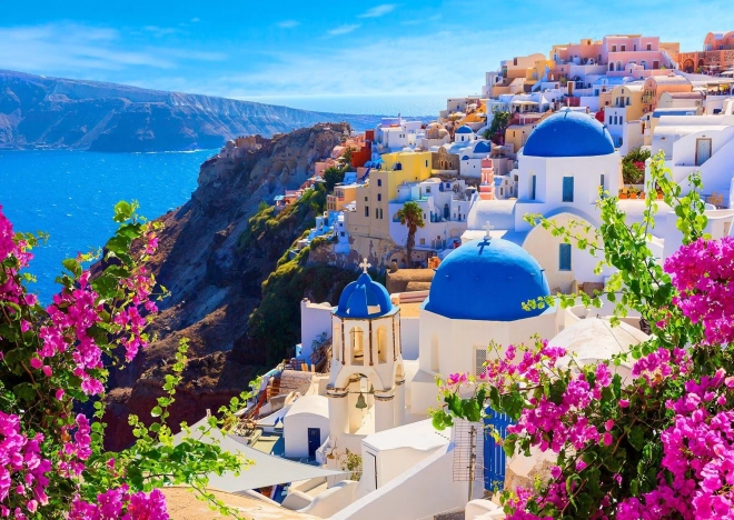Puslespil Santorini med blomster, Grækenland 1000 brikker