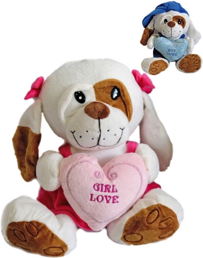 Plys-hund i Love-outfit 25 cm med hjerte - 1 stk.