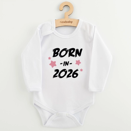 New Baby babybody med print born in 2026 pink, langærmet, str. 68