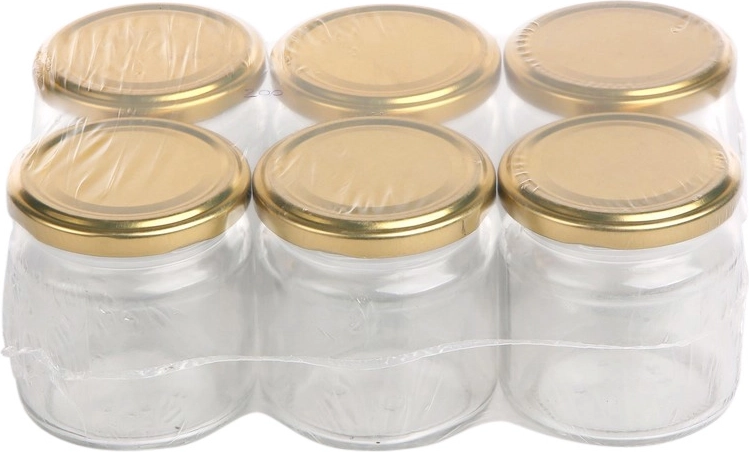 Sæt med 6 glas til henkogning 200 ml med gyldne låg 66 mm