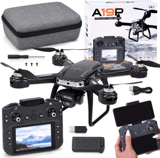RC-drone A19P med HD-kamera, fjernbetjening med display og forhindringsundvigelse