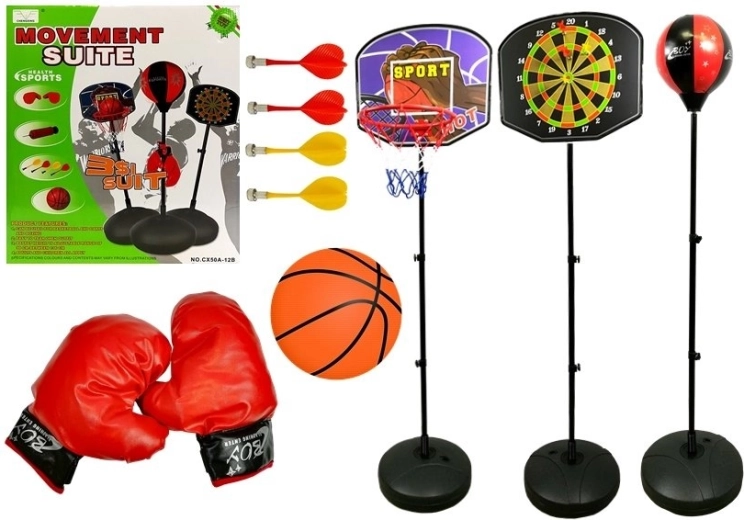 Børnesportsæt 3-i-1 – basketball, boksning og magnetiske dartpile
