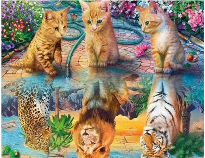 Diamantbroderi (diamond painting) spejlbillede – leopard, løve og tiger 40 × 30 cm