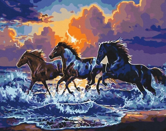 Diamantmaling – vilde heste på stranden 30 × 40 cm
