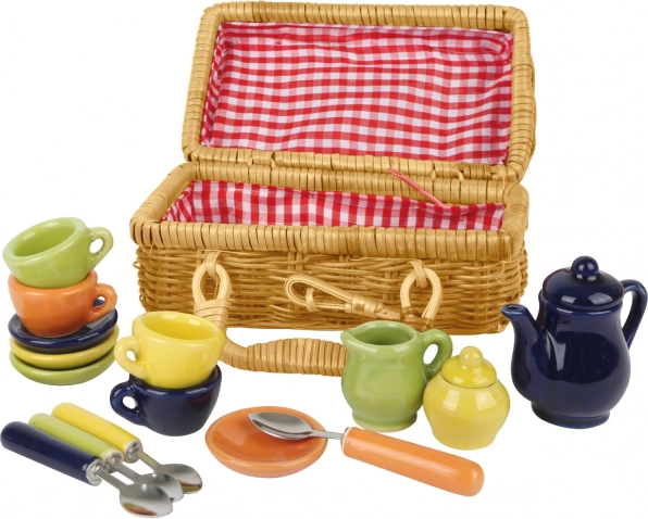 Small Foot Picnic-kurv med farvet keramikservice