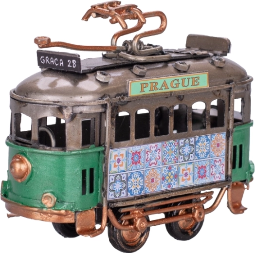 Metalmodel af sporvogn Prague 9 cm – grøn dekorativ sporvogn med friløb