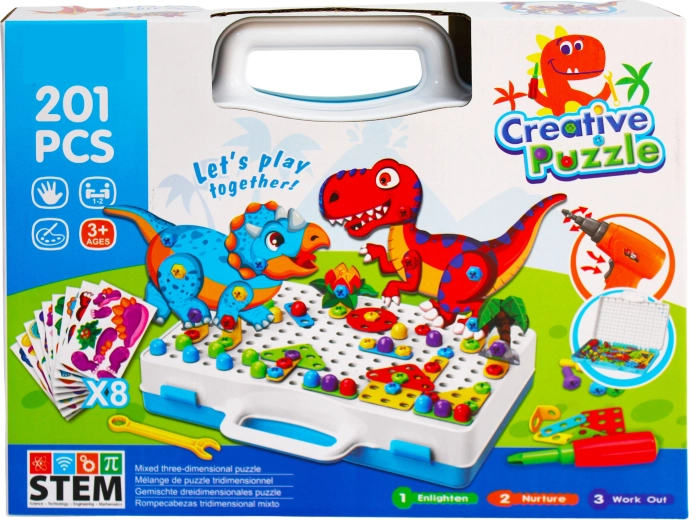 Kreativt byggesæt med dinosaurer og elektrisk boremaskine Creative Puzzle (201 dele)