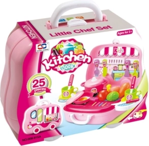 Køkkensæt i kuffert formet som en lille bil til små kokke