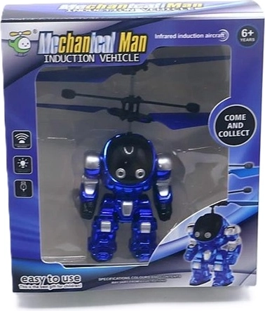 Flyvende figur af futuristisk robot i guldfarve