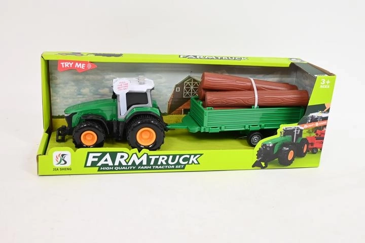 Traktor med trailer og træstammer