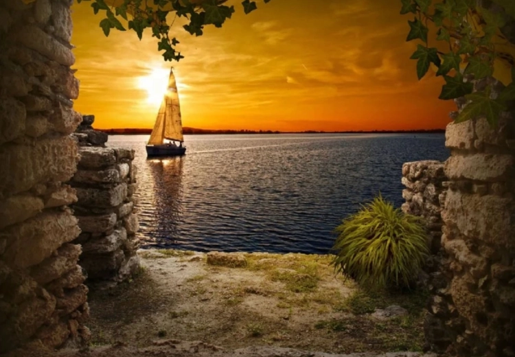 Diamantmaling – sejlbåd ved solnedgang 30 × 40 cm