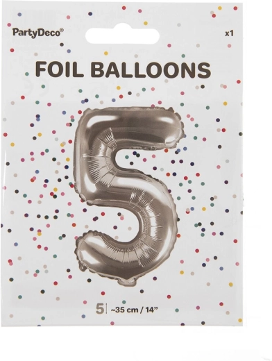 Sølvfarvet folieballon tal 5 (35 cm)