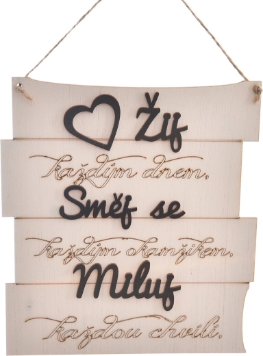 Dekorativt træskilt „Lev, grin…“ 18 × 20 cm