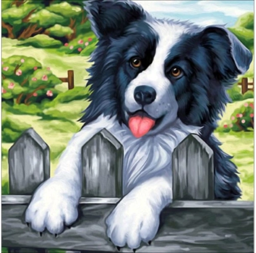 Diamantbroderi (diamond painting) billede „Hund på hegnet“ 30 × 30 cm - 1 stk.
