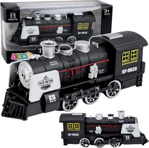 Klassisk sort damplokomotiv med lyde, røg og forhindringssensor
