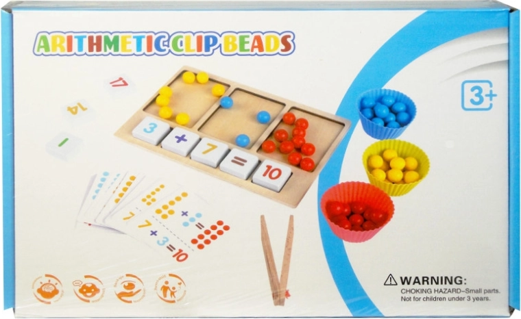 Træbaseret læringsspil Arithmetic Clip Beads – tælleperler med pincetter