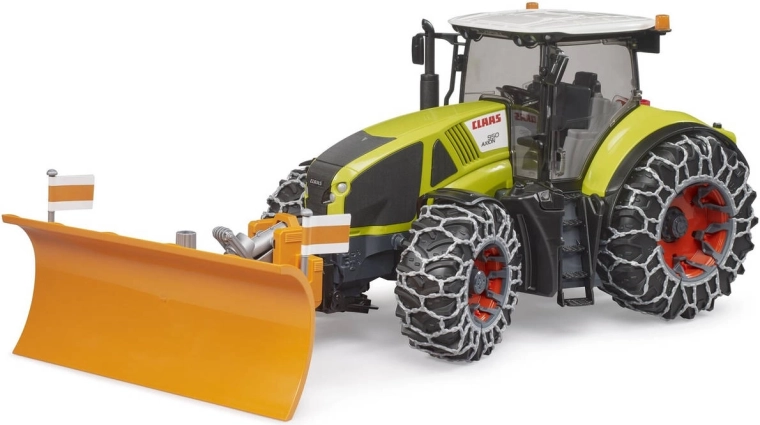 Claas Axion 950-traktor med snekæder og sneplov fra Bruder