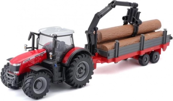 Bburago 10 cm gårdtraktor med svinghjul og trailer Massey Ferguson 8740S