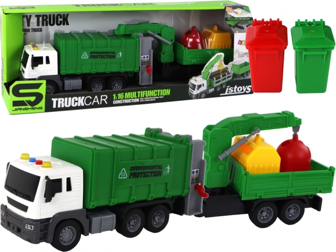 Skraldebil Kran Trailer med tilbagestræk med lyde grøn 1:16