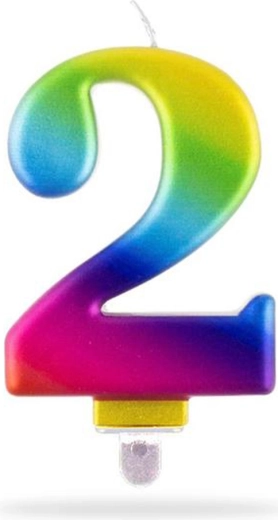 Lagkagelys tal 2 på pind, regnbuefarvet, 7,5 cm