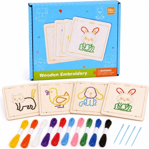 Træ Montessori-sy-/snøreværktøj til børn – sæt med 4 dyr med broderigarn
