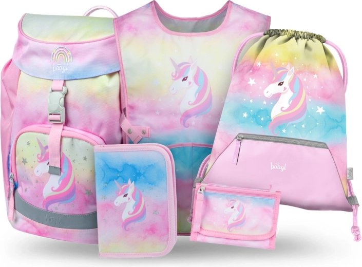 Baagl sæt 5 Airy Rainbow Unicorn – skoletaske, penalhus, pose, forklæde og pung