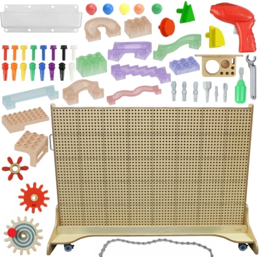 Masterkidz fritstående STEM-væg med tilbehør, pinde, bakker, klodser og værktøj