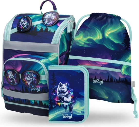 Baagl skolesæt Zippy Plus Aurora – skoletaske, penalhus og pose med GRS-certificering