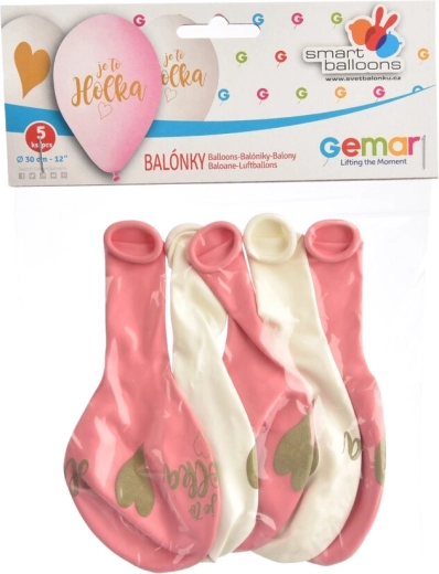 Latexballoner „Det er en pige“ pink-hvide 5 stk.